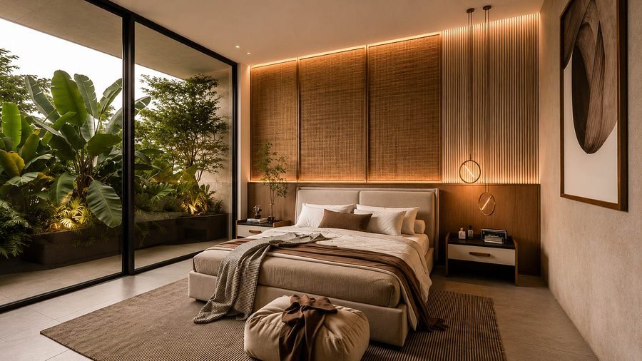Bedroom opening onto tropical planting at Elara